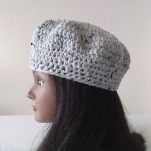 SALE! Serenity and Luxe | Light Gray Tweed Cher Beret Crochet Hat | ONE SIZE
